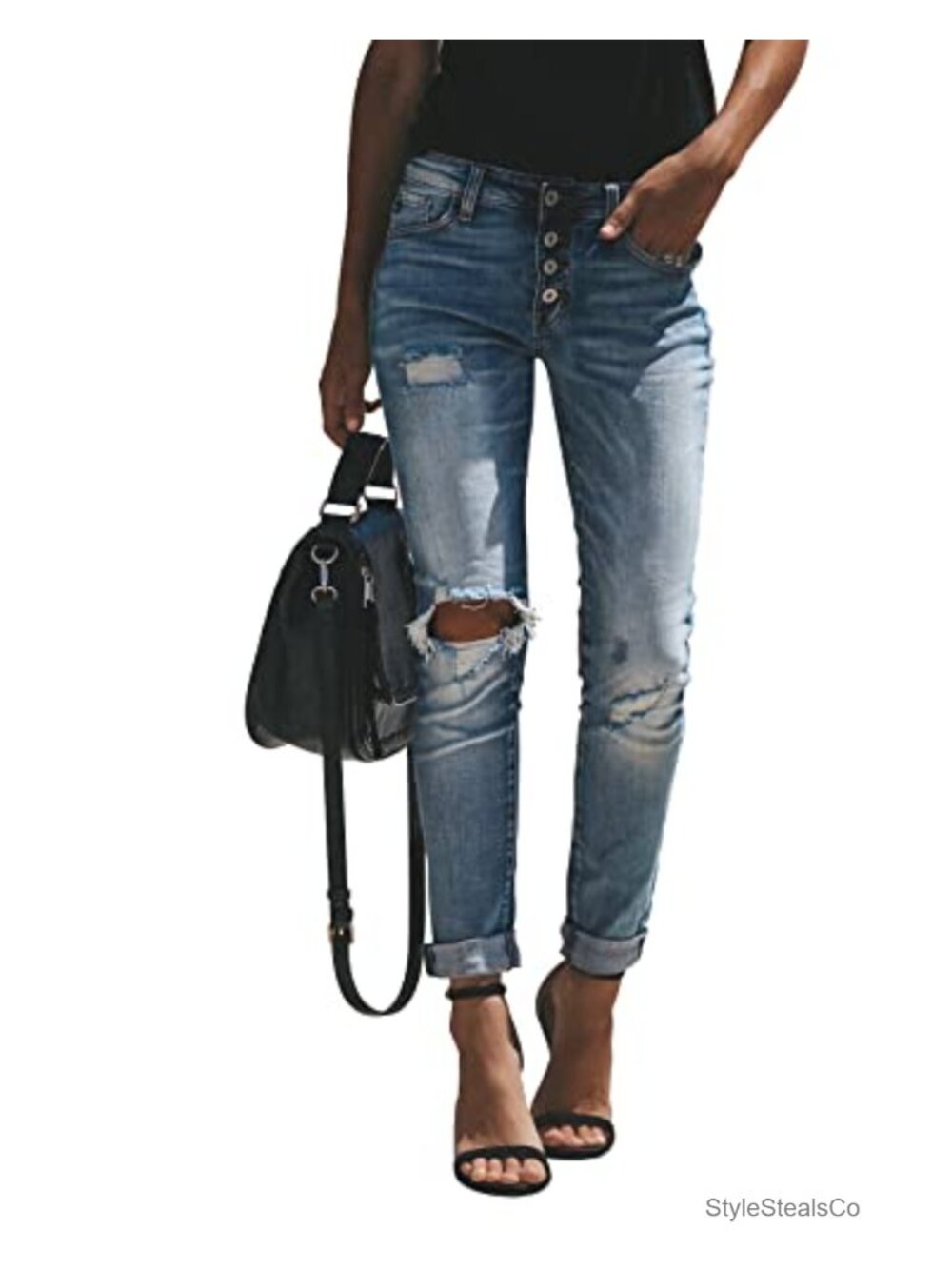 Womens Ripped Mid Waisted Boyfriend Jeans Loose Fit Stretchy Denim Pants